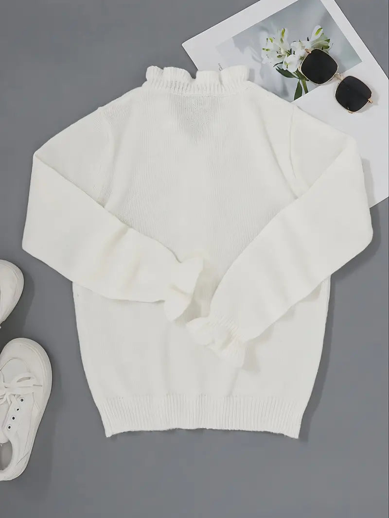 Wiosenny sweter damski z dekoltem V, bawełniany, w kolorze białym, elegancki, lekki i dopasowany, idealny do casualowych lub eleganckich stylizacji.