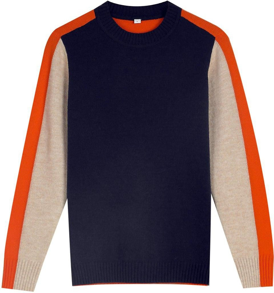 Damski sweter w granatowo-pomarańczowe paski, retro wzór color-block, miękka bawełna, klasyczny elegancki fason.