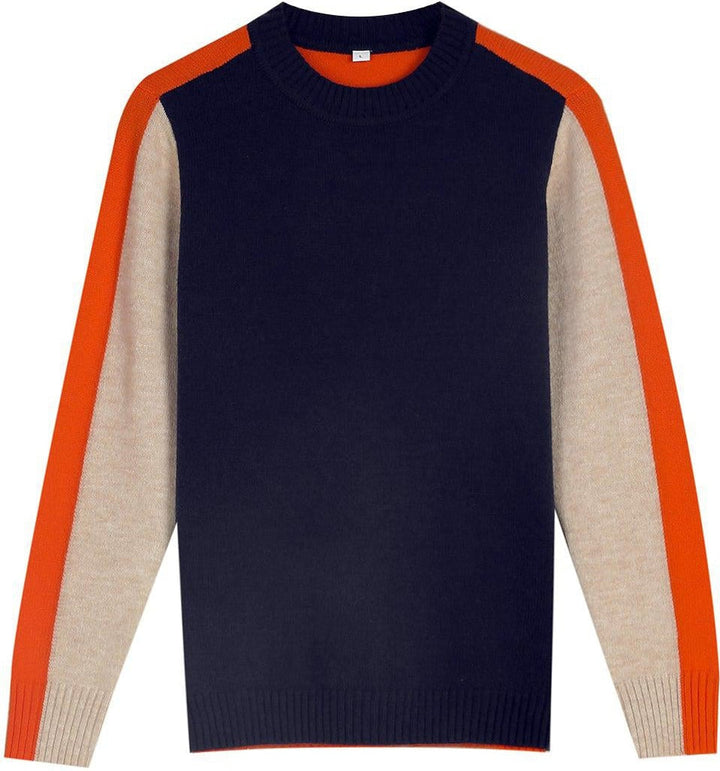 Damski sweter w granatowo-pomarańczowe paski, retro wzór color-block, miękka bawełna, klasyczny elegancki fason.