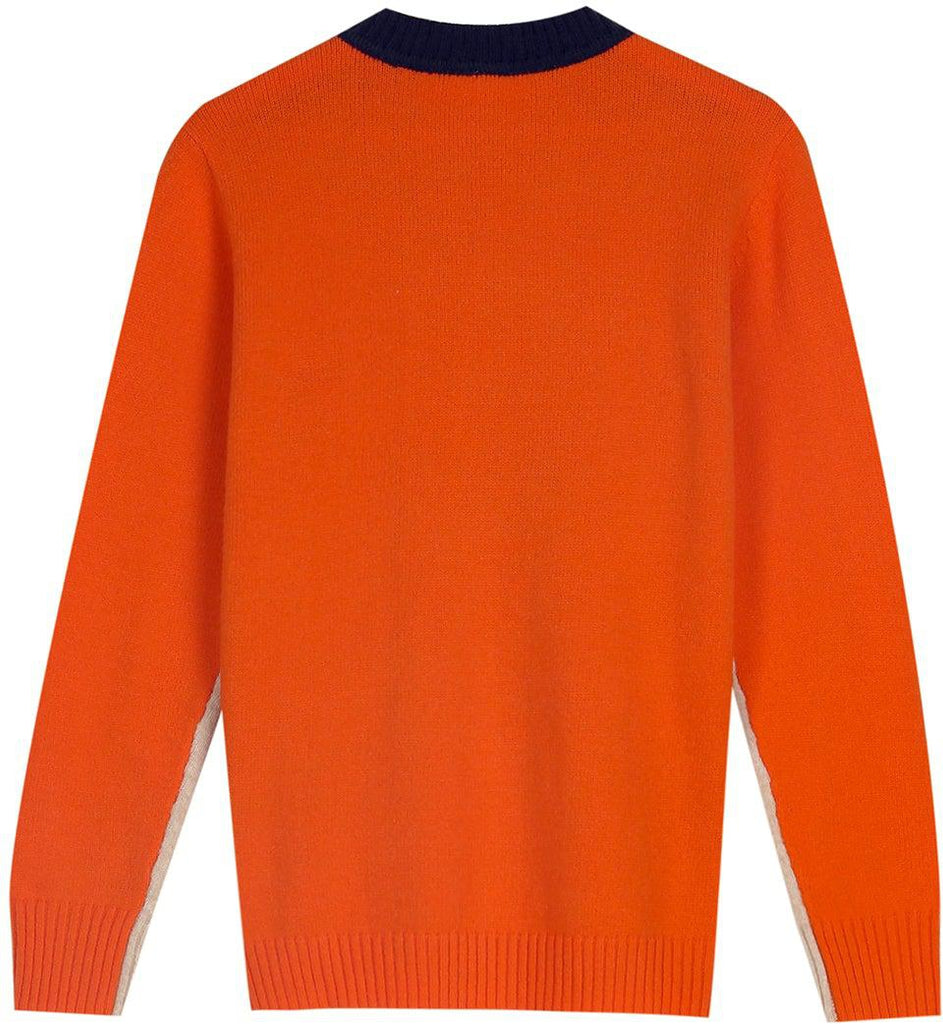 Damski sweter w granatowo-pomarańczowe paski, retro wzór color-block, miękka bawełna, klasyczny elegancki fason.