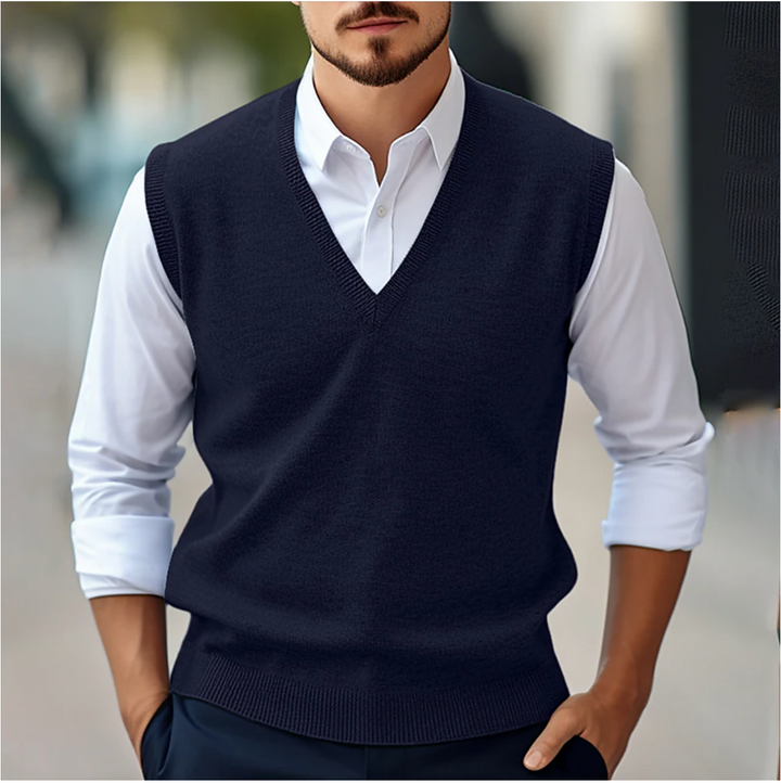 Elegancki męski sweter bez rękawów, cienka dzianina, dekolt V, idealny na wiosnę i jesień.