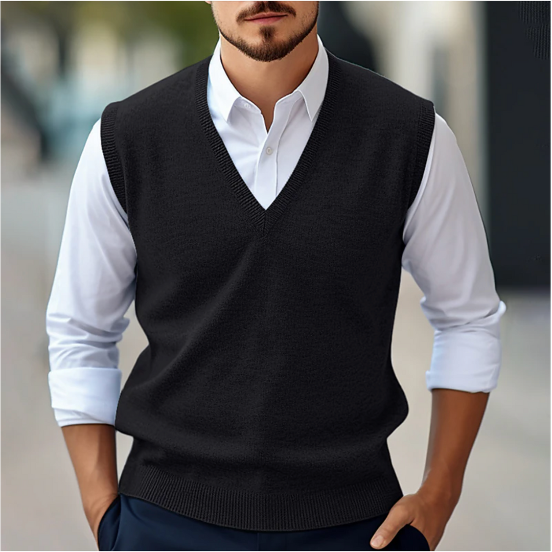 Elegancki męski sweter bez rękawów, cienka dzianina, dekolt V, idealny na wiosnę i jesień.