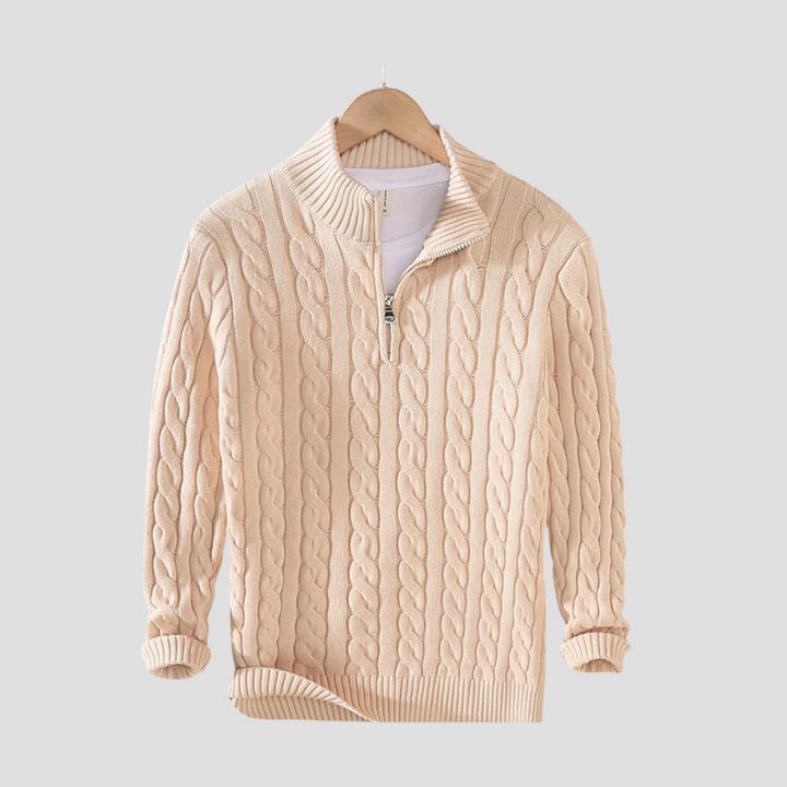 Męski sweter z warkoczem, klasyczny krój, zamek pod szyją, szary. Swobodna i ponadczasowa elegancja dla nowoczesnego wyglądu.