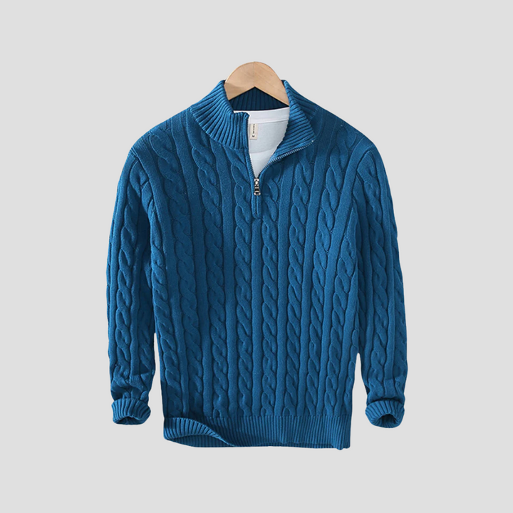 Męski sweter z warkoczem, klasyczny krój, zamek pod szyją, szary. Swobodna i ponadczasowa elegancja dla nowoczesnego wyglądu.