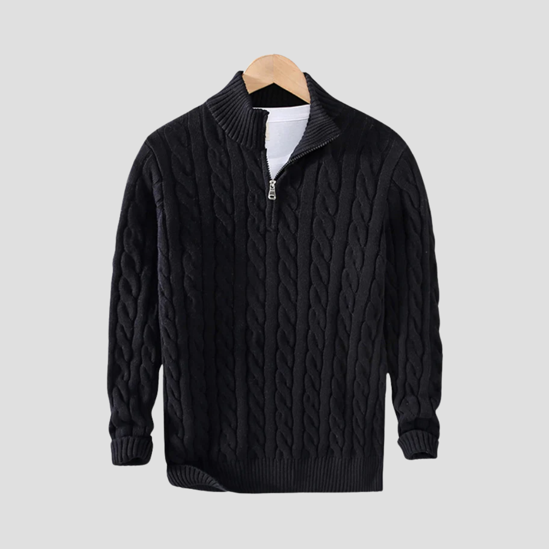 Męski sweter z warkoczem, klasyczny krój, zamek pod szyją, szary. Swobodna i ponadczasowa elegancja dla nowoczesnego wyglądu.