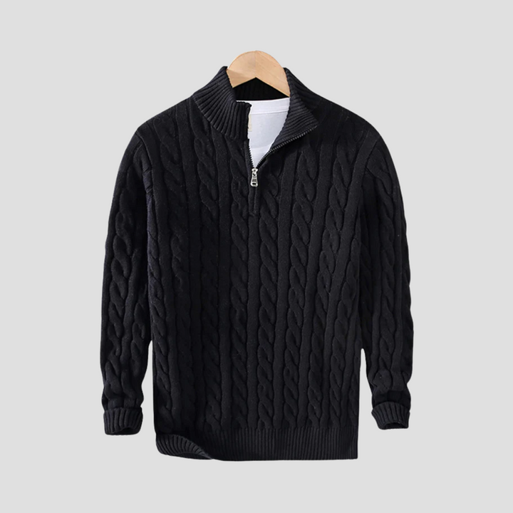 Męski sweter z warkoczem, klasyczny krój, zamek pod szyją, szary. Swobodna i ponadczasowa elegancja dla nowoczesnego wyglądu.
