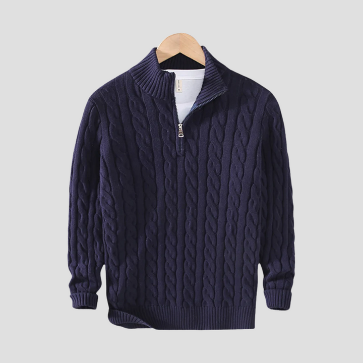 Męski sweter z warkoczem, klasyczny krój, zamek pod szyją, szary. Swobodna i ponadczasowa elegancja dla nowoczesnego wyglądu.