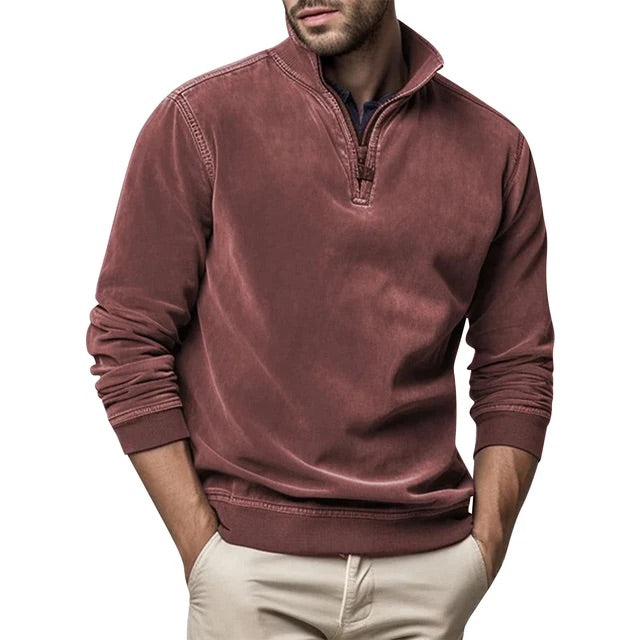 Męski sweter polarowy w stylu vintage, ze stójką i zamkiem błyskawicznym na pół długości, wykonany z miękkiego polaru, idealny na chłodne poranki.