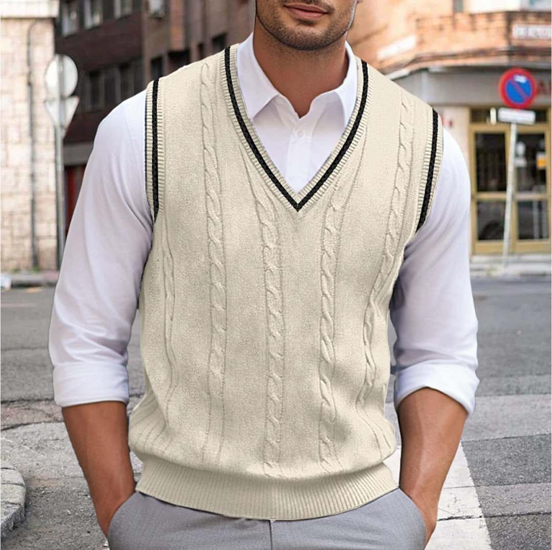 Męski sweter Liam bez rękawów z bawełny i wełny, elegancki dekolt w serek, dopasowany krój, dostępne w modnych kolorach.