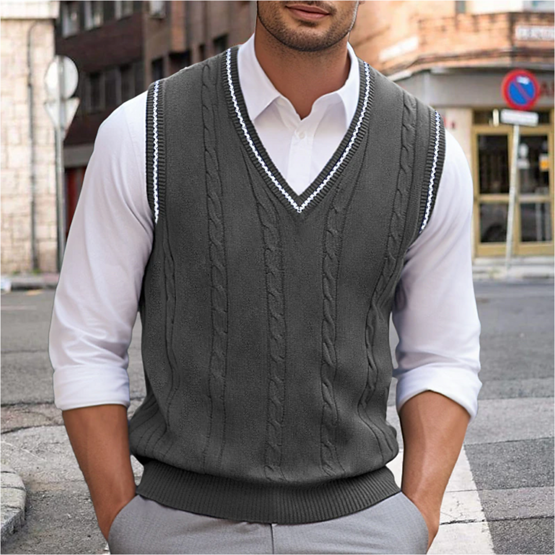 Męski sweter Liam bez rękawów z bawełny i wełny, elegancki dekolt w serek, dopasowany krój, dostępne w modnych kolorach.