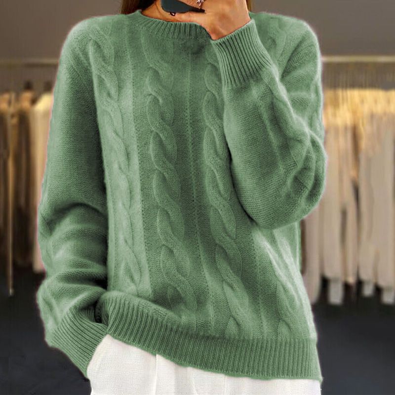 Damski sweter dziergany z miękkiej wełny, elegancki i komfortowy, z koronkowym wzorem, idealny na zimę lub wiosnę.