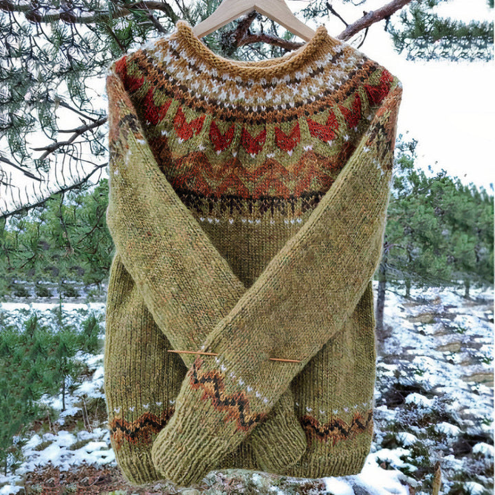 Damski sweter vintage w kolorze brązowym, retro design, miękka dzianina, idealny na jesień, elegancja i swobodny komfort.