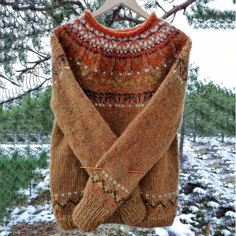 Damski sweter vintage w kolorze brązowym, retro design, miękka dzianina, idealny na jesień, elegancja i swobodny komfort.