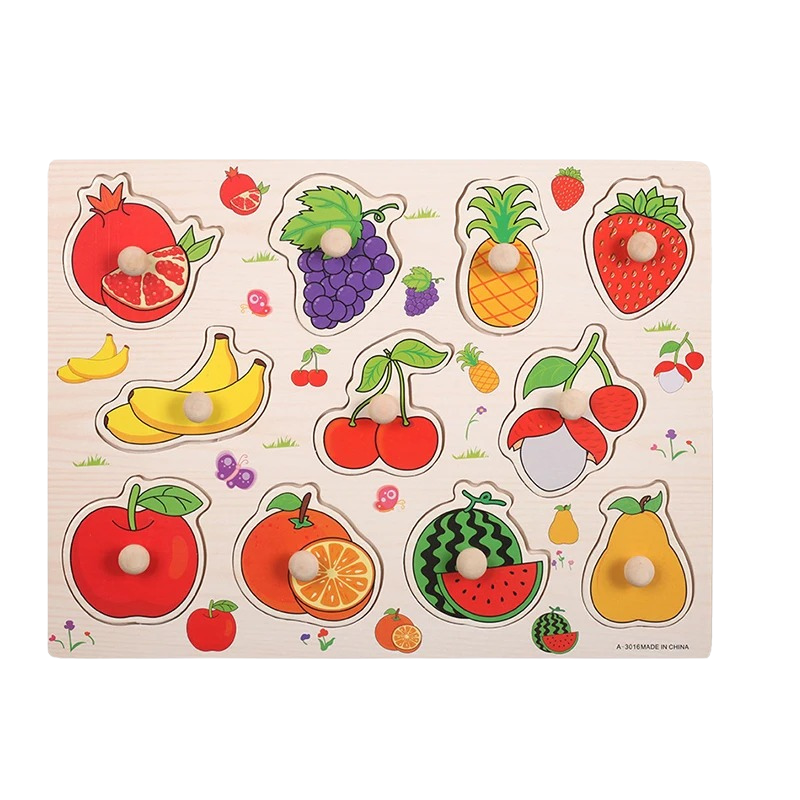 Kolorowa edukacyjna układanka dla dzieci z motywami zwierząt i owoców, idealna do wczesnego rozwoju poznawczego.