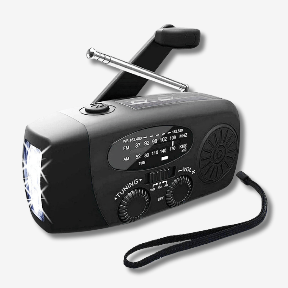 Wielofunkcyjne, kompaktowe radio awaryjne z latarką, powerbankiem i ładowaniem słonecznym, korbkowym, USB-C.