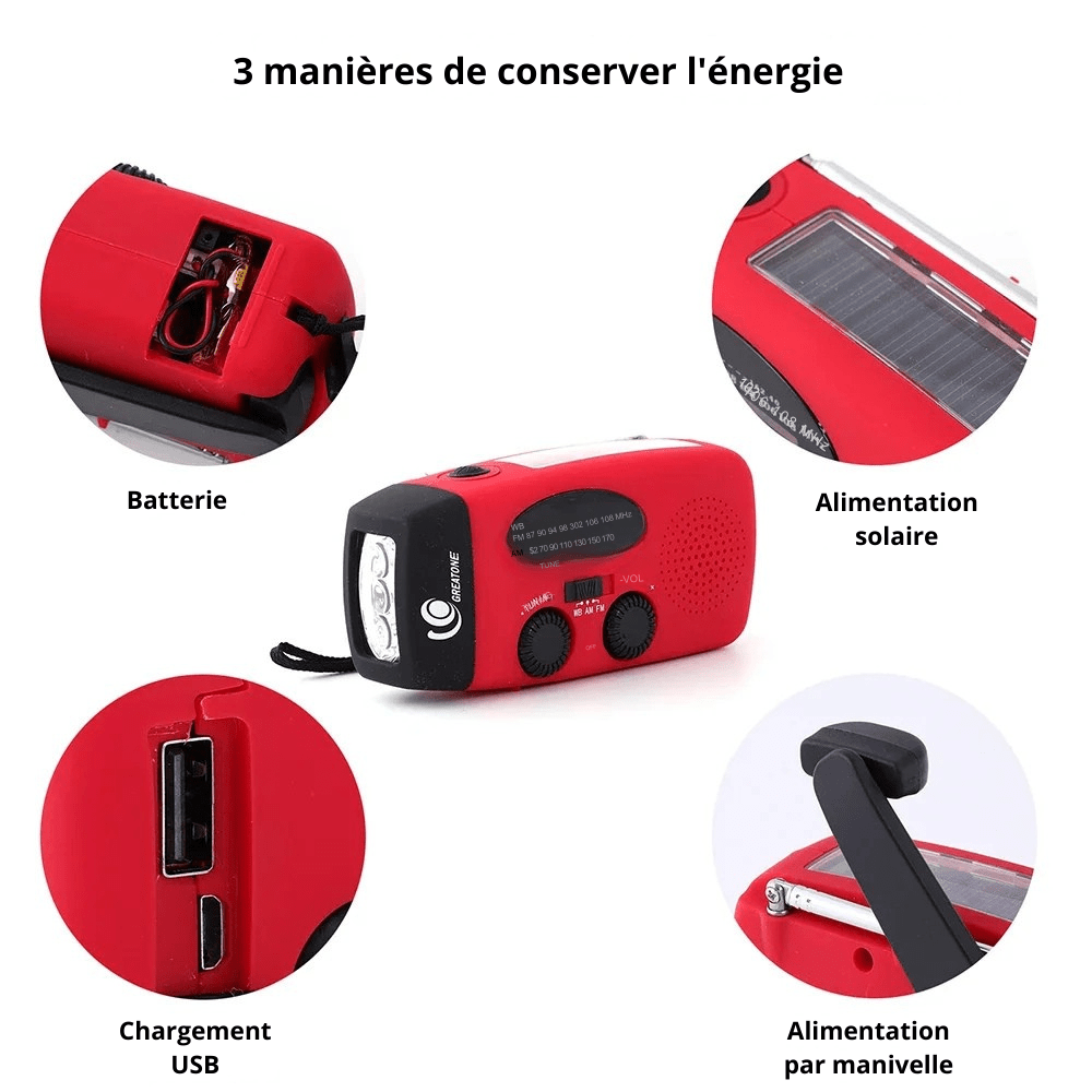 Wielofunkcyjne, kompaktowe radio awaryjne z latarką, powerbankiem i ładowaniem słonecznym, korbkowym, USB-C.