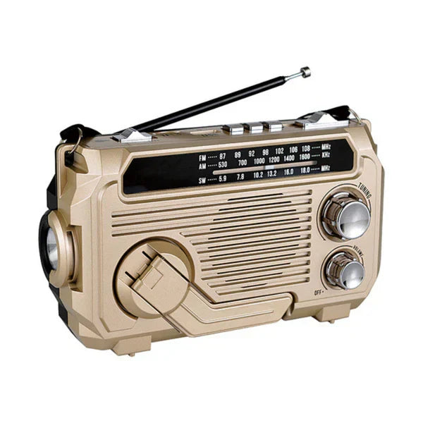 Przenośne radio awaryjne z mocną latarką LED, korbką, baterią 2500 mAh, idealne na łono natury i nagłe wypadki.