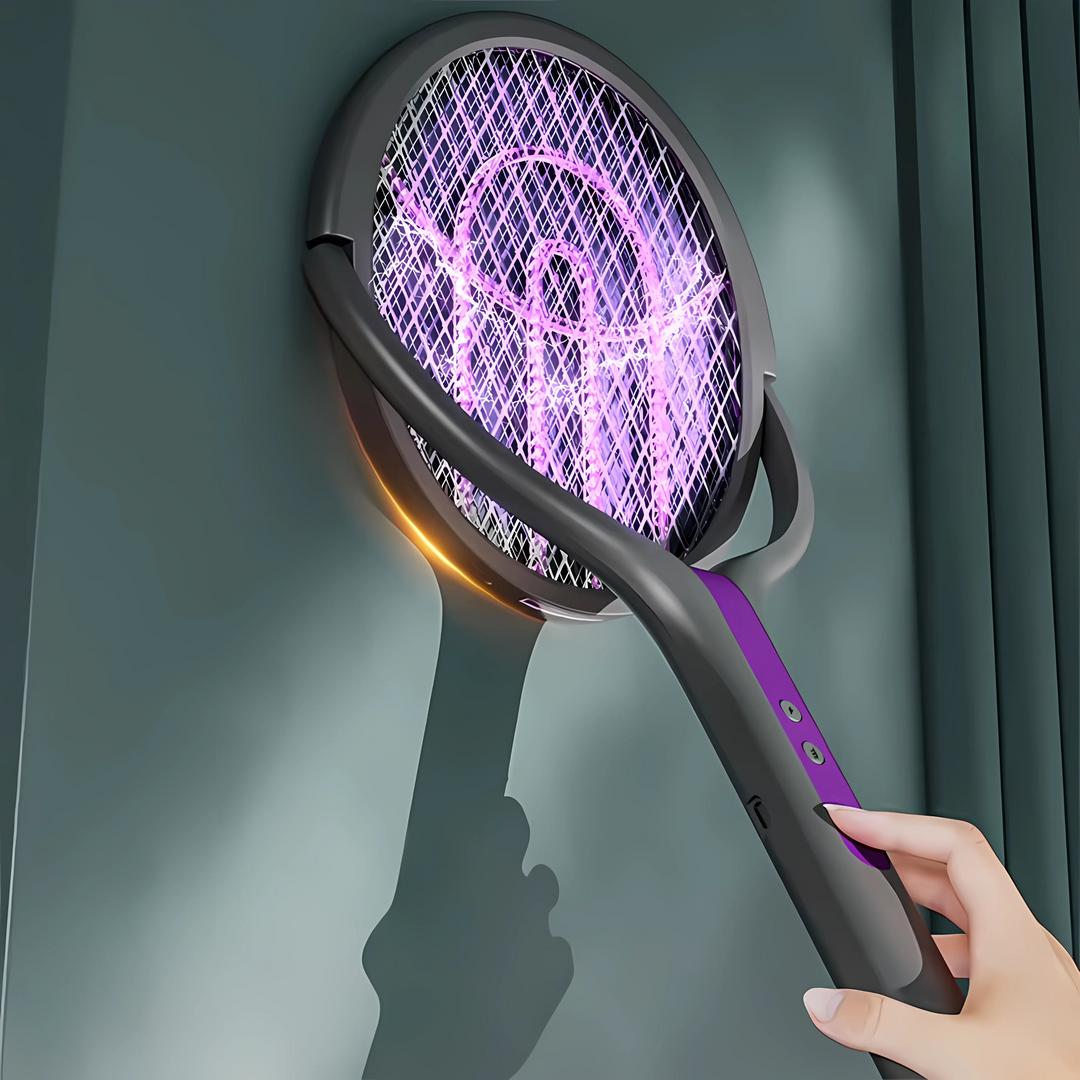 Elektryczna rakietka na owady 3w1 z lampą UV i teleskopową rączką, idealna do użytku wewnątrz/na zewnątrz