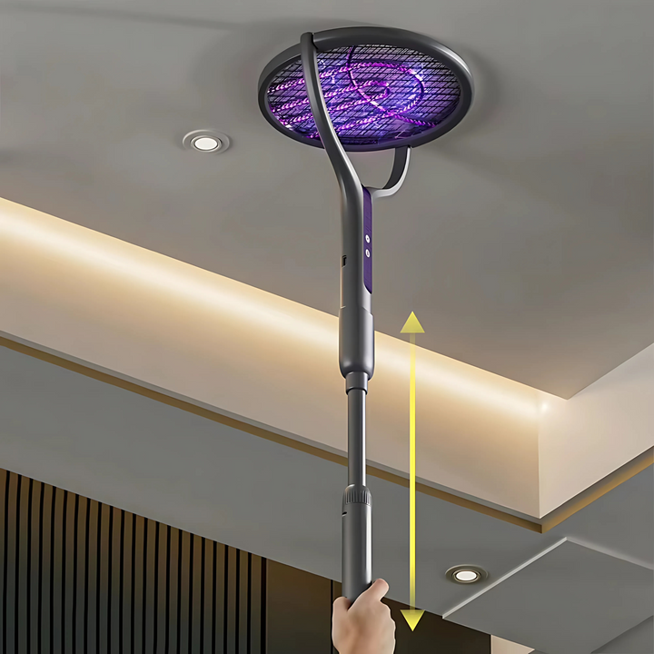 Elektryczna rakietka na owady 3w1 z lampą UV i teleskopową rączką, idealna do użytku wewnątrz/na zewnątrz
