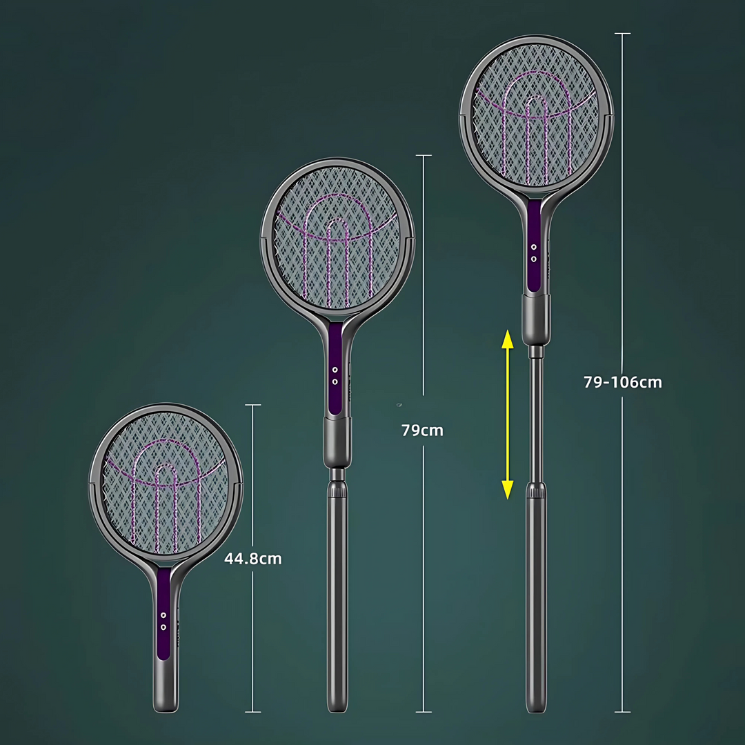 Elektryczna rakietka na owady 3w1 z lampą UV i teleskopową rączką, idealna do użytku wewnątrz/na zewnątrz