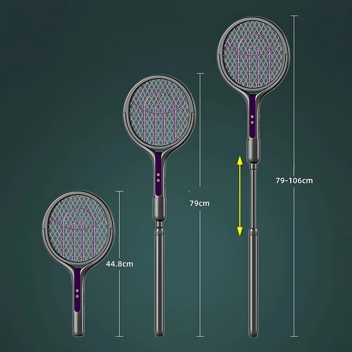Elektryczna rakietka na owady 3w1 z lampą UV i teleskopową rączką, idealna do użytku wewnątrz/na zewnątrz