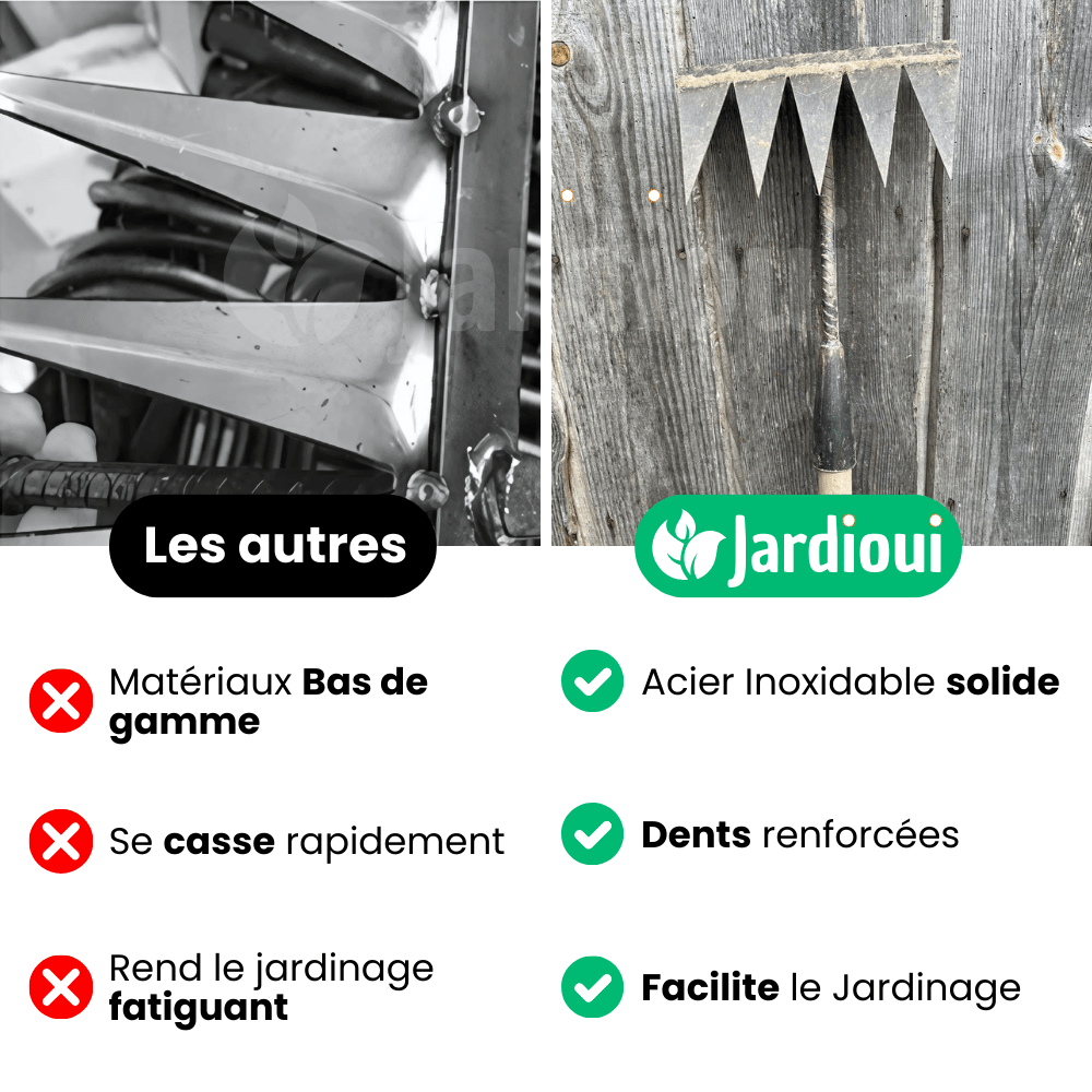 Stalowe grabie do pielenia Jardioui, skuteczne do wyrywania chwastów z ogrodu, dostępne w wersjach z 5, 6, 7 zębami.