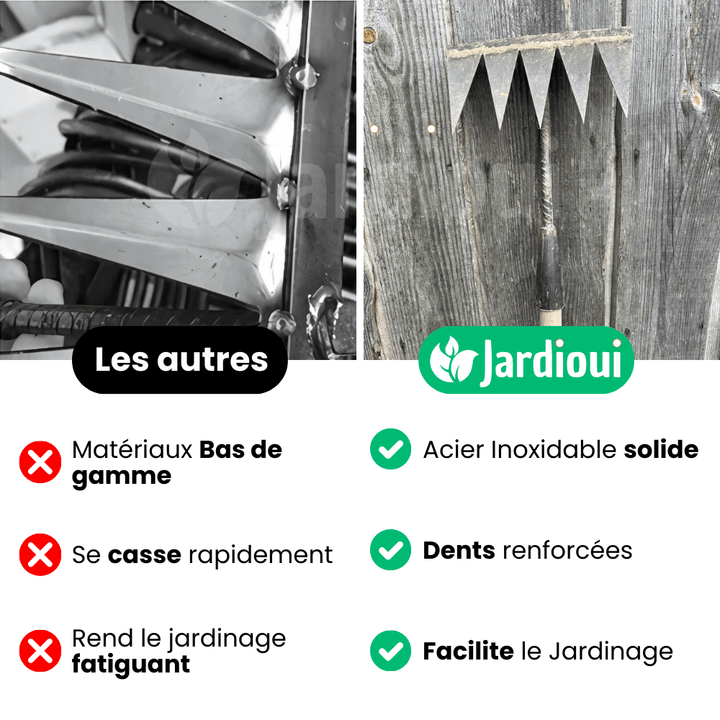 Stalowe grabie do pielenia Jardioui, skuteczne do wyrywania chwastów z ogrodu, dostępne w wersjach z 5, 6, 7 zębami.