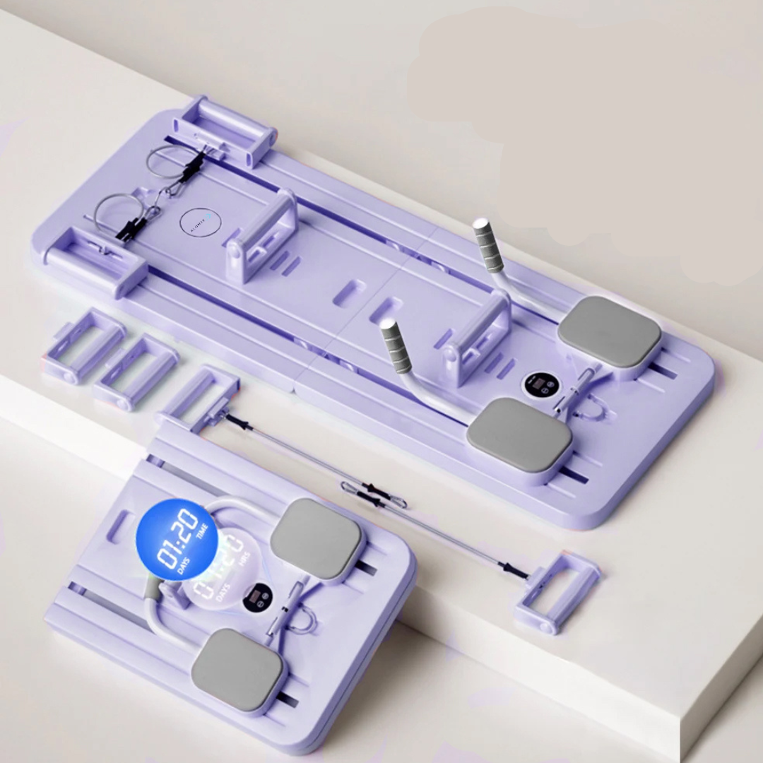 Kompaktowy reformer Pilates do ćwiczeń w domu, wspierający tonizację i elastyczność, z wytrzymałymi gumami, odpowiedni dla początkujących i zaawansowanych.