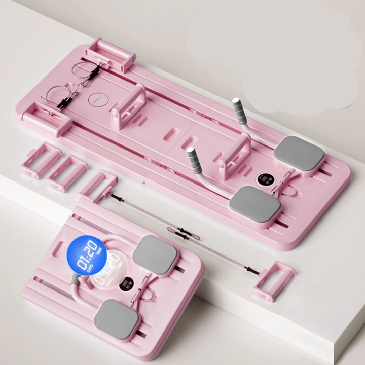 Kompaktowy reformer Pilates do ćwiczeń w domu, wspierający tonizację i elastyczność, z wytrzymałymi gumami, odpowiedni dla początkujących i zaawansowanych.