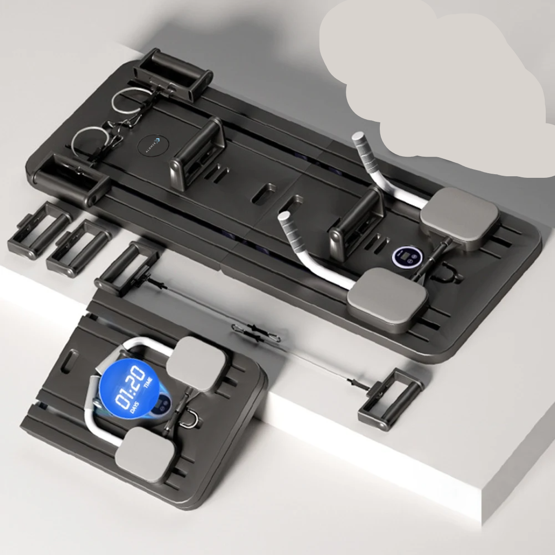 Kompaktowy reformer Pilates do ćwiczeń w domu, wspierający tonizację i elastyczność, z wytrzymałymi gumami, odpowiedni dla początkujących i zaawansowanych.