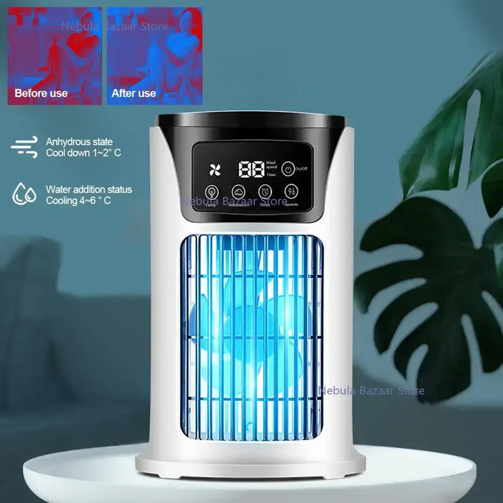 Kompaktowa przenośna chłodziarka 3 w 1 z USB, biała, ze zbiornikiem 300 ml i 6 ustawieniami wiatru, do świeżego i oczyszczonego powietrza.