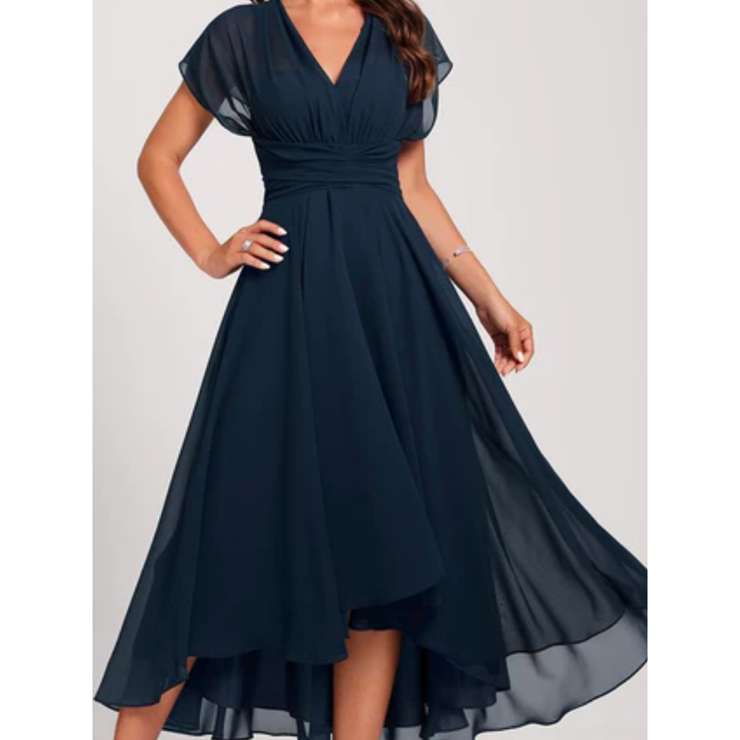 Damska sukienka wieczorowa Gemma w kolorze granatowym, przód sukienki, elegancka, podkreślająca sylwetkę, idealna na formalne okazje.