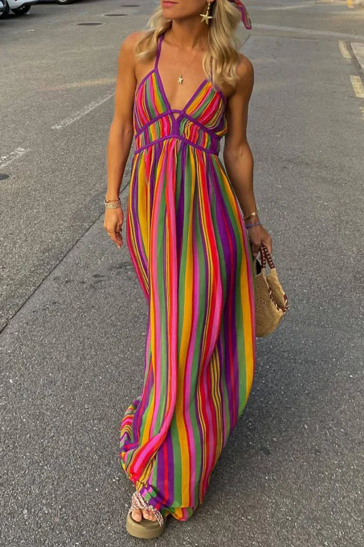 Sukienka letnia Camilla z dekoltem w kształcie litery V i eleganckimi paskami, idealna na wakacje, nowoczesny styl i lekki komfort.