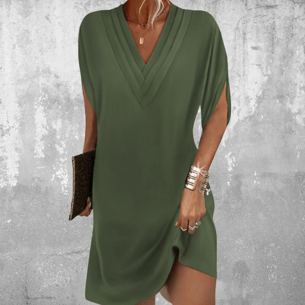 Elegancka czarna letnia sukienka Brina z dekoltem V i rozcięciem na rękawach, idealna na co dzień i na wieczór.