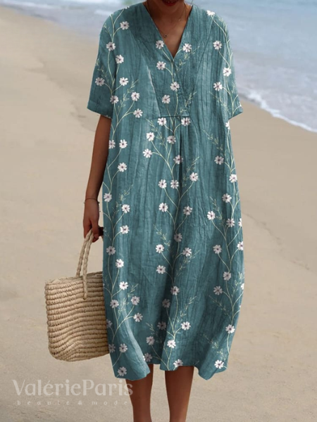 "Robe d'été Odile en coton-lin, motifs floraux, coupe élégante et confortable, idéale pour vos journées estivales."