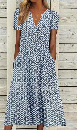 Prosta sukienka damska z dekoltem V i wzorem patchwork, elegancka i wygodna, artystyczne motywy, widok z przodu.