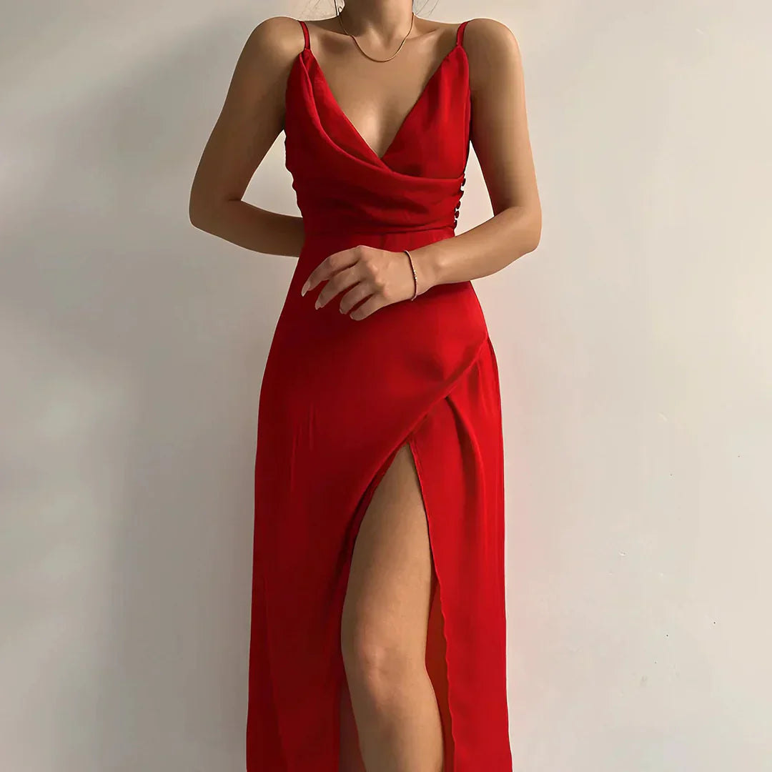 Czerwona elegancka sukienka damska, letni styl, szykowny design, wyrafinowane detale, idealna na wiosnę i lato, podkreślająca sylwetkę.