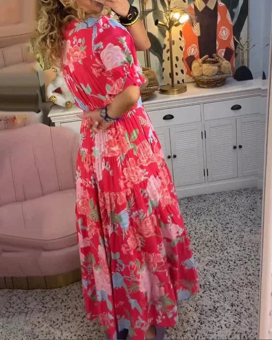 Damska elegancka zwiewna sukienka Juliette z lekkiego materiału, dekolt w serek, taliowana, idealna na każdą okazję.
