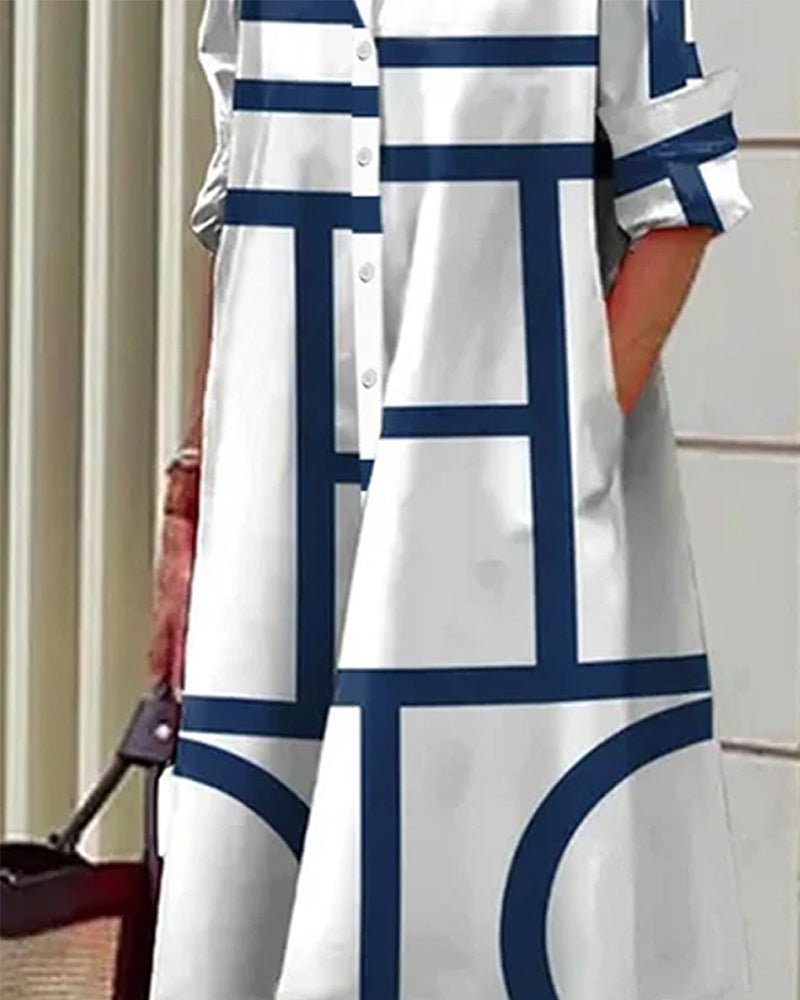 Sukienka Estelle z geometrycznym wzorem i bocznymi kieszeniami, elegancka i nowoczesna, widok ogólny.