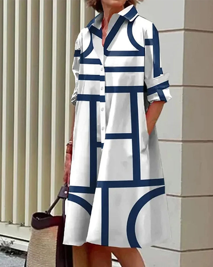 Sukienka Estelle z geometrycznym wzorem i bocznymi kieszeniami, elegancka i nowoczesna, widok ogólny.