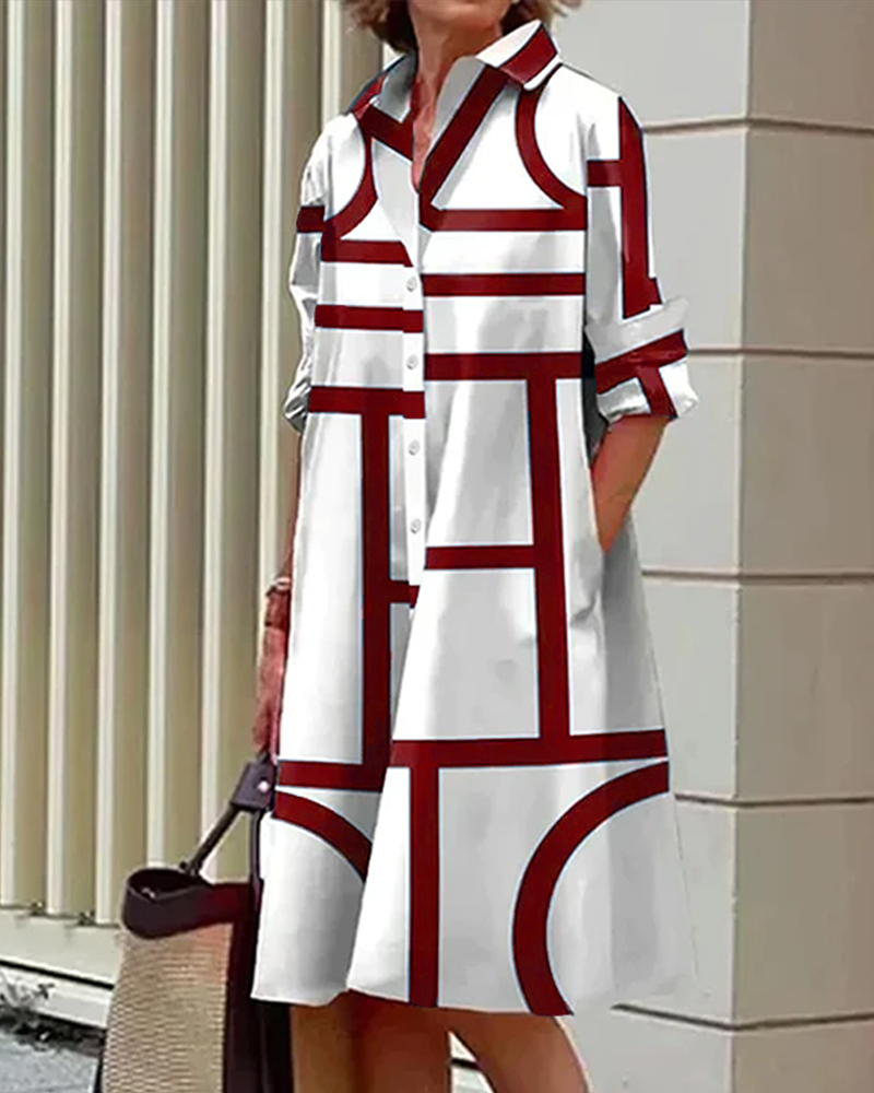 Sukienka Estelle z geometrycznym wzorem i bocznymi kieszeniami, elegancka i nowoczesna, widok ogólny.