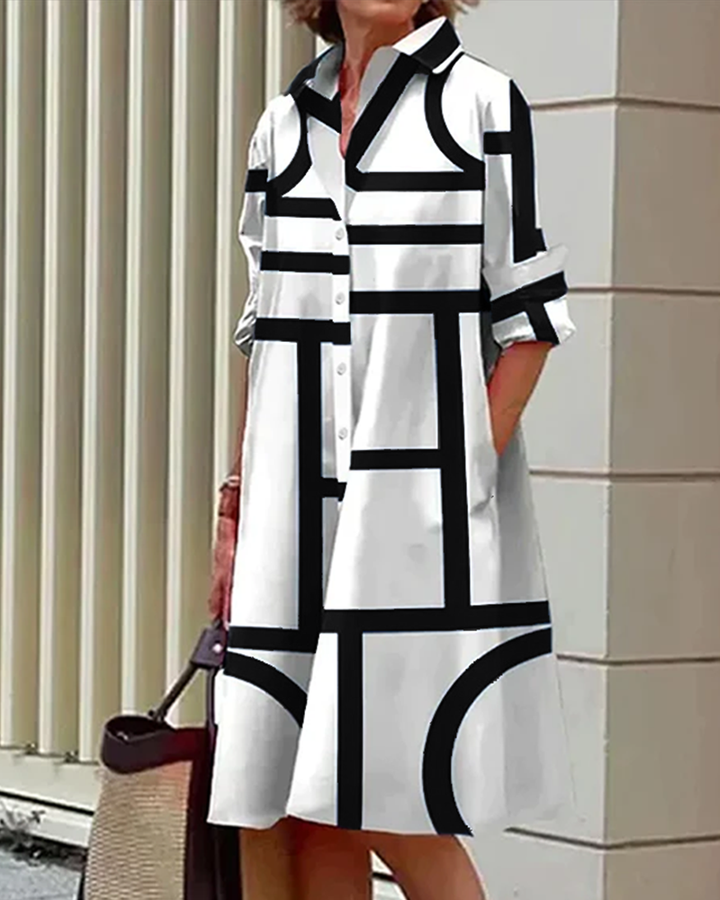 Sukienka Estelle z geometrycznym wzorem i bocznymi kieszeniami, elegancka i nowoczesna, widok ogólny.