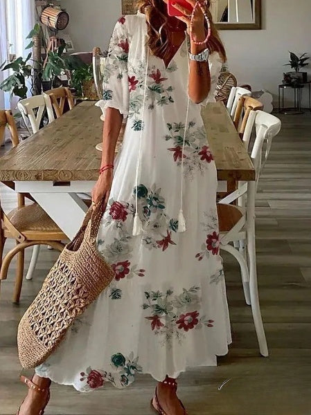 Długa sukienka damska Delia boho ze wzorem, dekoltem V i rękawami na lato.