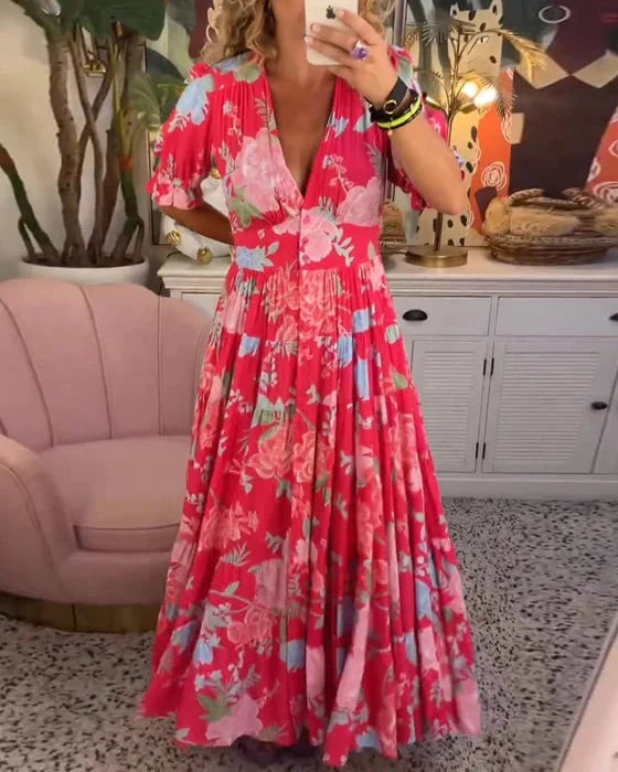 Rozkloszowana sukienka maxi z dekoltem w serek, żywym wzorem kwiatowym, bufiastymi rękawami, szykowny i elegancki styl dla kobiet