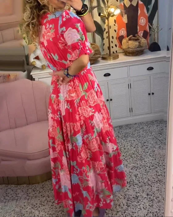 Rozkloszowana sukienka maxi z dekoltem w serek, żywym wzorem kwiatowym, bufiastymi rękawami, szykowny i elegancki styl dla kobiet