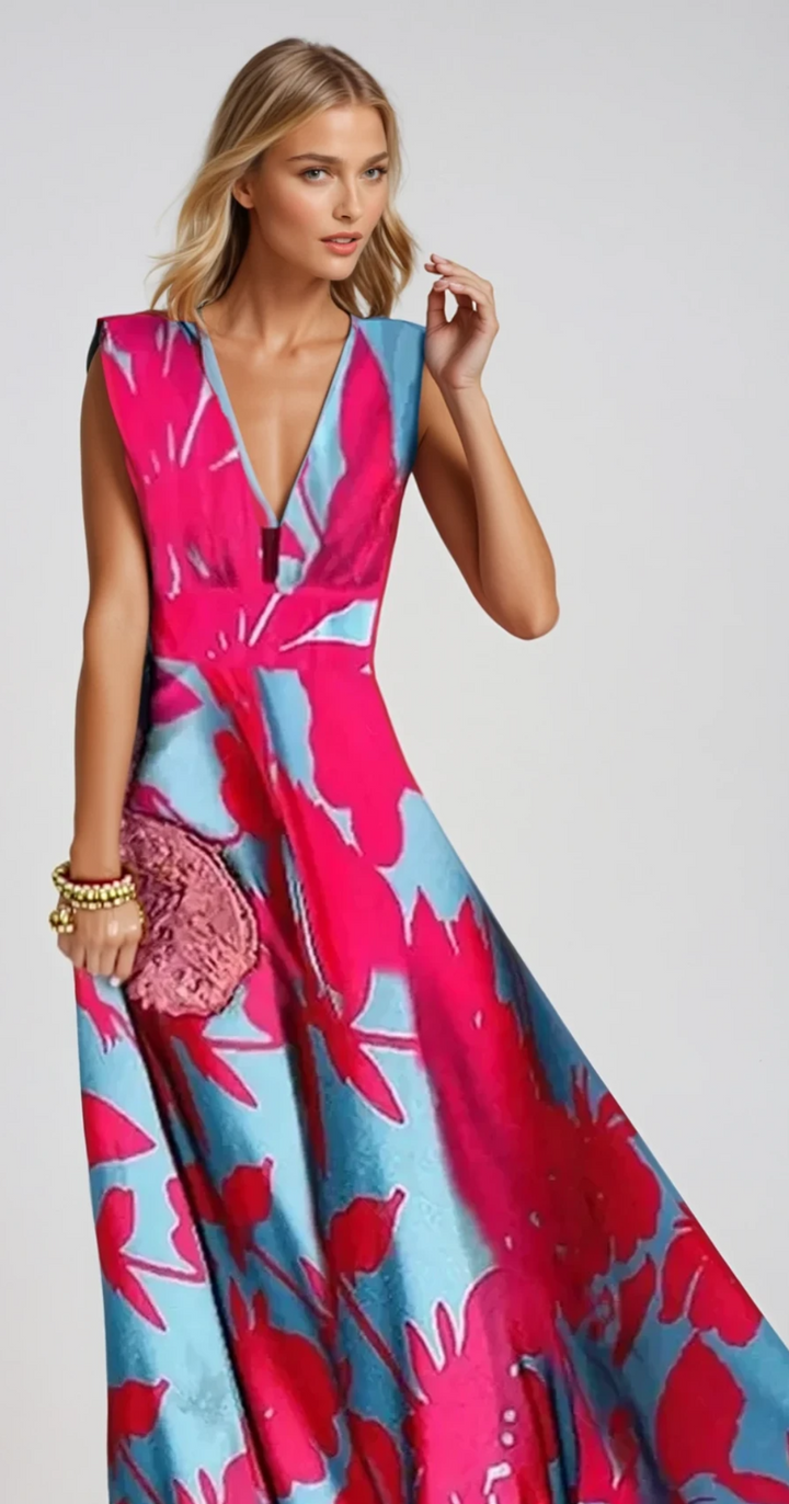 Elegancka i płynna damska sukienka maxi wieczorowa Clémence, idealna na wesela, dostępna w czterech kolorach i rozmiarach S do XL.