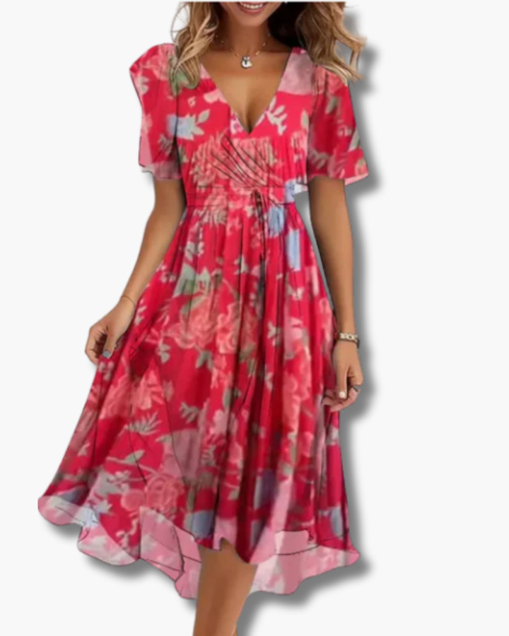 Damska elegancka rozkloszowana sukienka midi, dekolt w szpic, lekkie rękawy, zwiewny materiał, letnia elegancja.