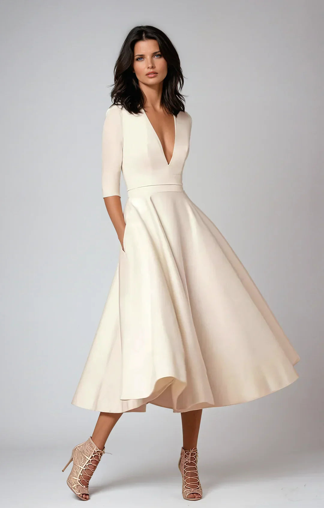 Modelka w eleganckiej sukience midi z fakturowanym materiałem i głębokim dekoltem w serek.