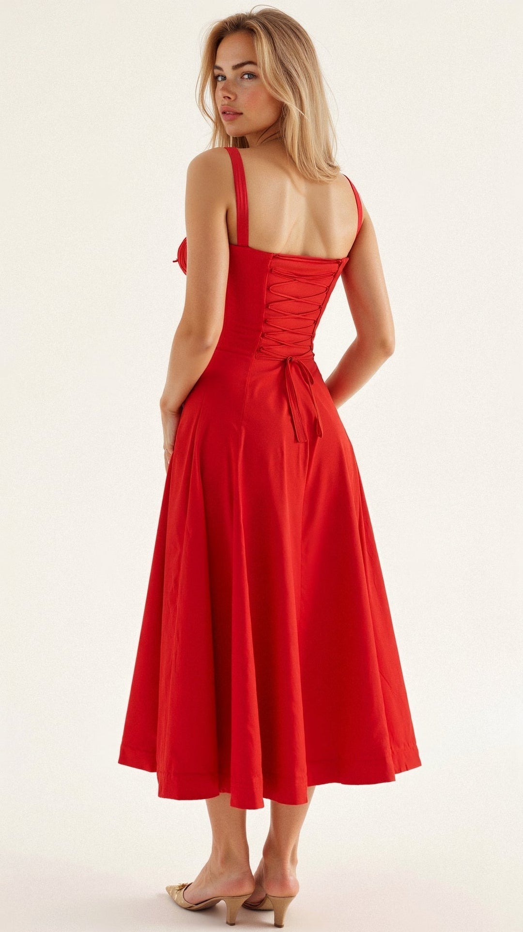 Elegancka sukienka midi z gorsetem dla kobiet, o lejącej spódnicy i modelującym gorsecie, doskonała na formalne i codzienne okazje.