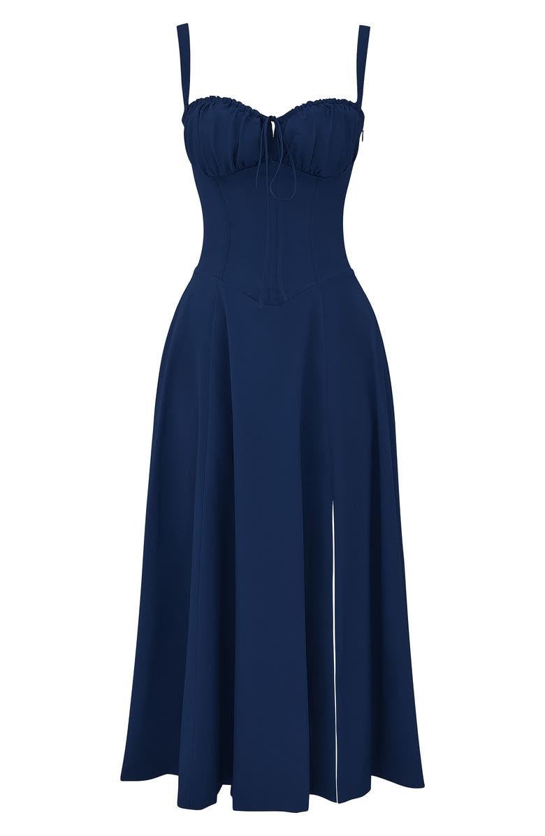 Elegancka sukienka midi z gorsetem dla kobiet, o lejącej spódnicy i modelującym gorsecie, doskonała na formalne i codzienne okazje.